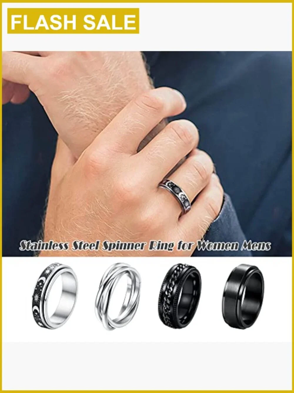Stainless Steel Fidget Spinner Ring Set - Moon Star Celtic Design, 6 Rings